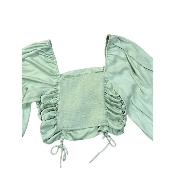 Free People laria Blouse Pleated Adjustable Drawstring Puff Sleeve bright Mint g - Picture 5 of 15